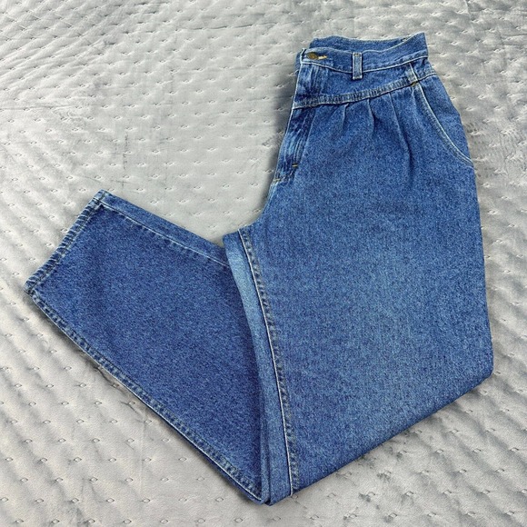 VINTAGE Lee Jeans Womens 14 Long Blue Paperbag Mom Tapered High Rise Made in USA - Picture 1 of 15